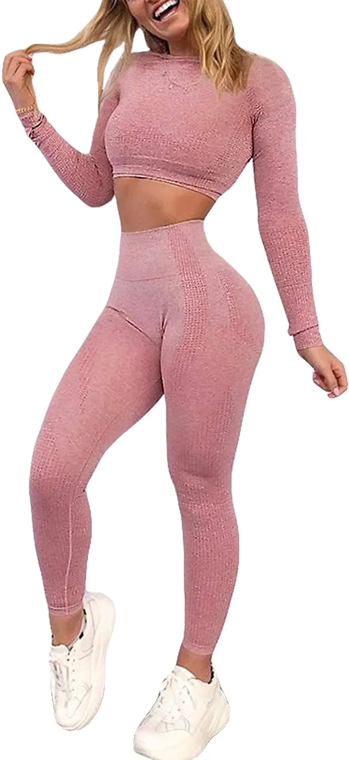 YOFIT Women's Workout Outfit 2 Pieces Seamless High Waist Yoga Leggings with Long Sleeve Crop Top Gym Clothes Set