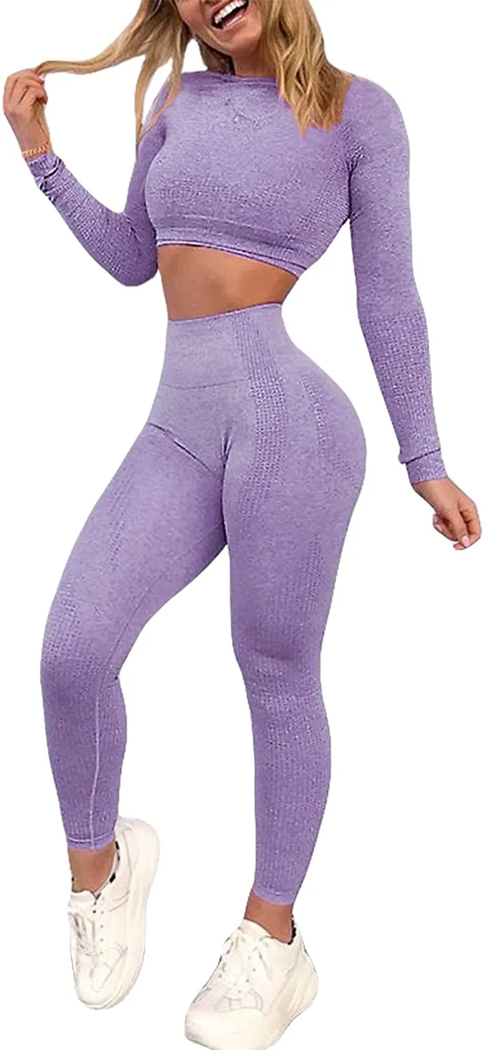 YOFIT Women's Workout Outfit 2 Pieces Seamless High Waist Yoga Leggings with Long Sleeve Crop Top Gym Clothes Set
