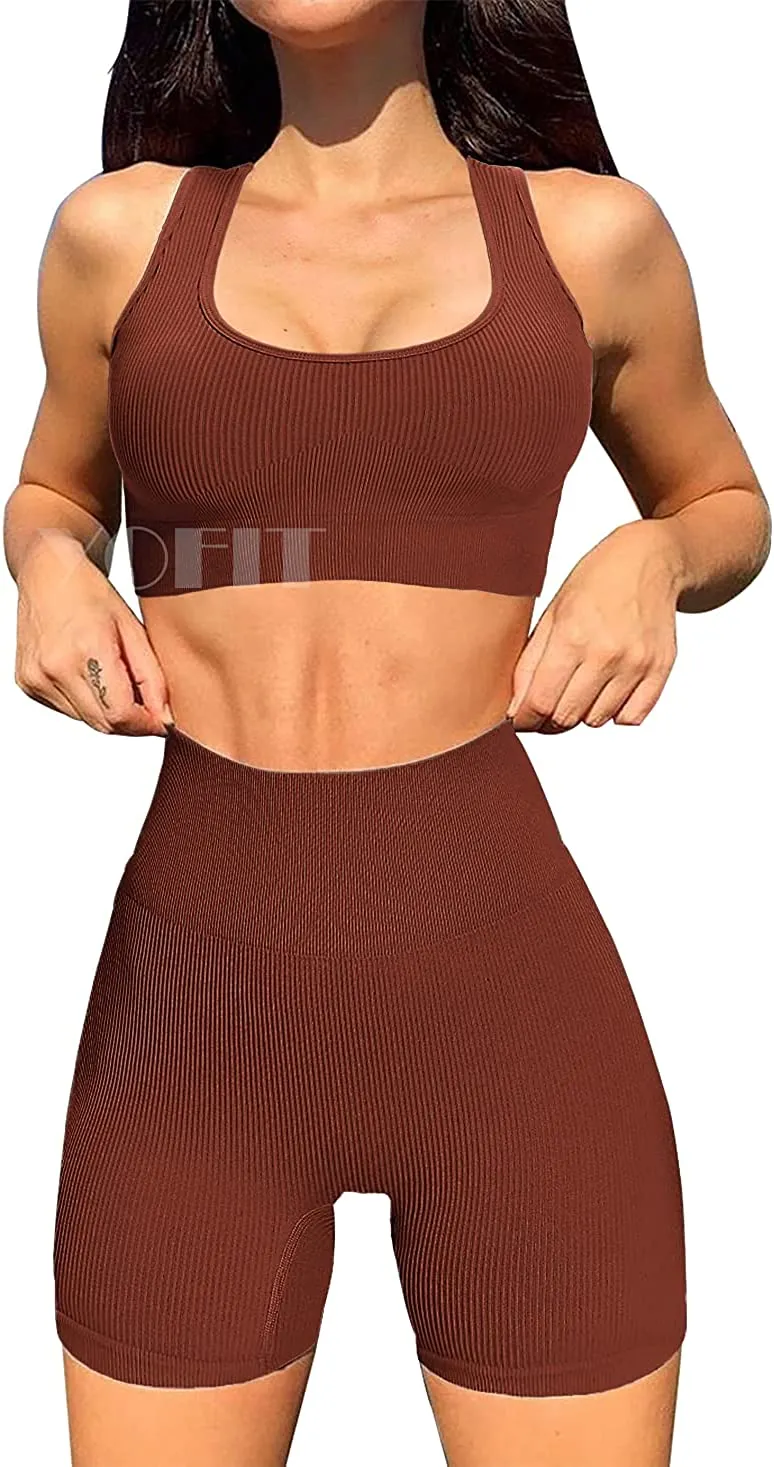 YOFIT Women's Workout Outfit 2 Pieces Seamless High Waist Yoga Leggings with Long Sleeve Crop Top Gym Clothes Set