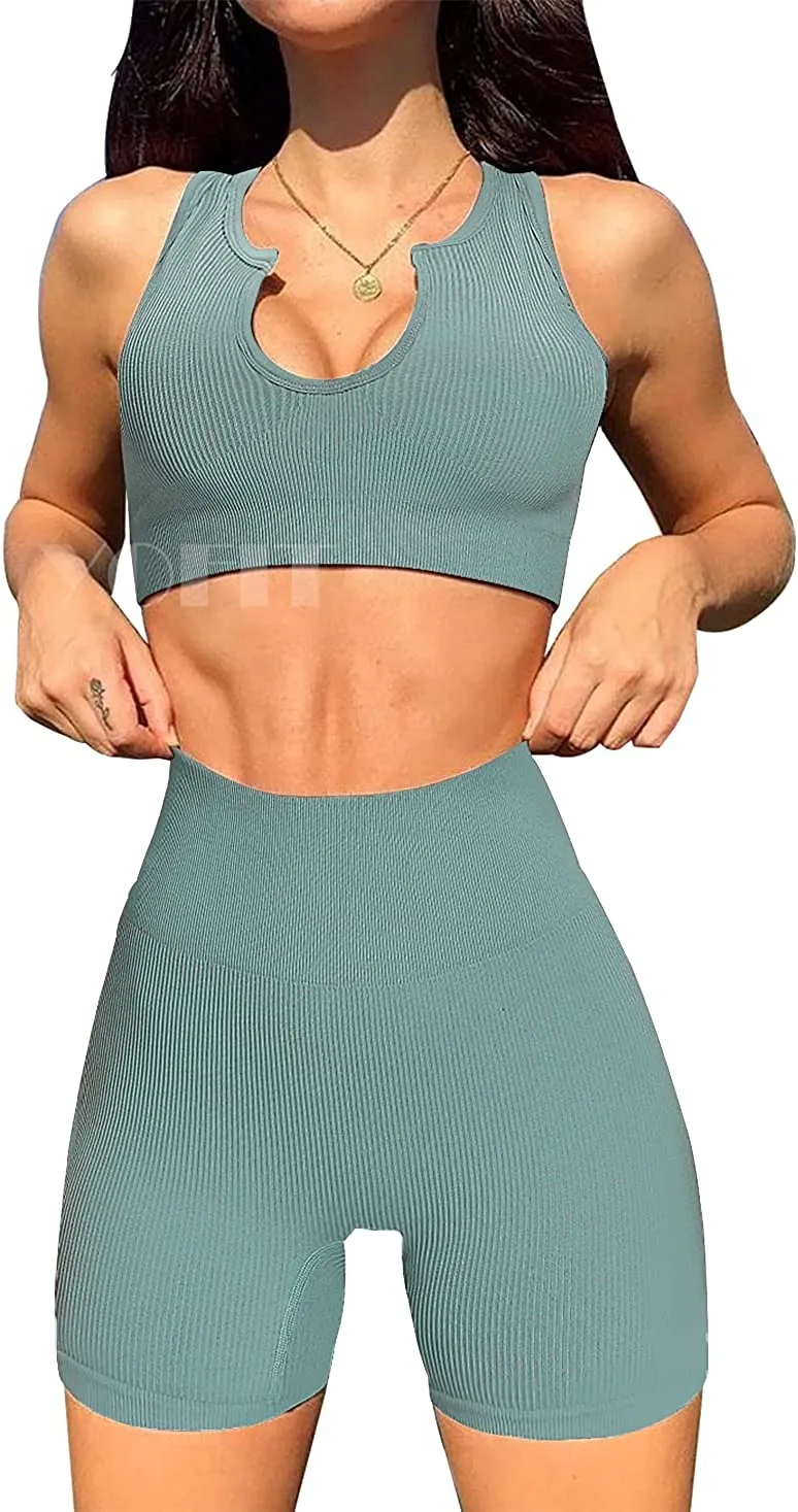 YOFIT Women's Workout Outfit 2 Pieces Seamless High Waist Yoga Leggings with Long Sleeve Crop Top Gym Clothes Set