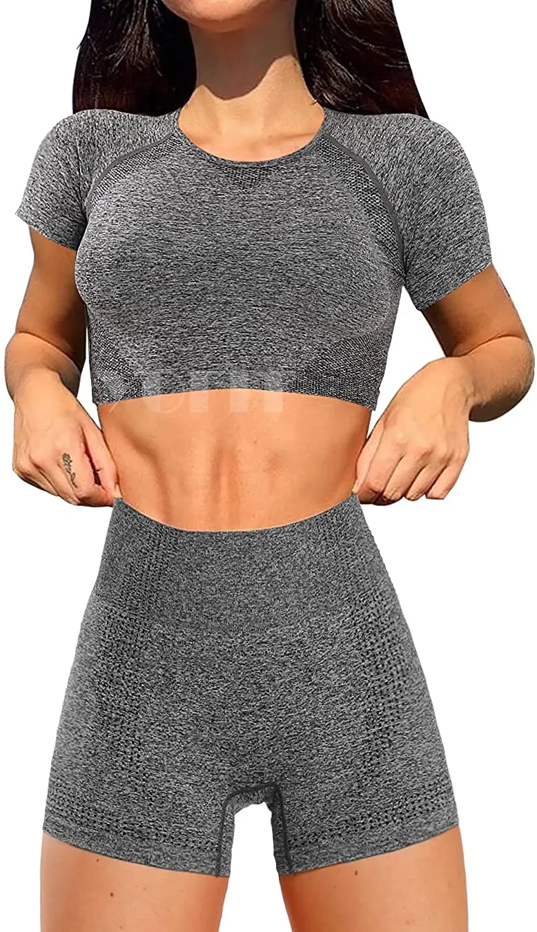 YOFIT Women's Workout Outfit 2 Pieces Seamless High Waist Yoga Leggings with Long Sleeve Crop Top Gym Clothes Set