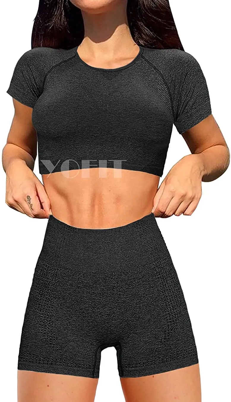 YOFIT Women's Workout Outfit 2 Pieces Seamless High Waist Yoga Leggings with Long Sleeve Crop Top Gym Clothes Set