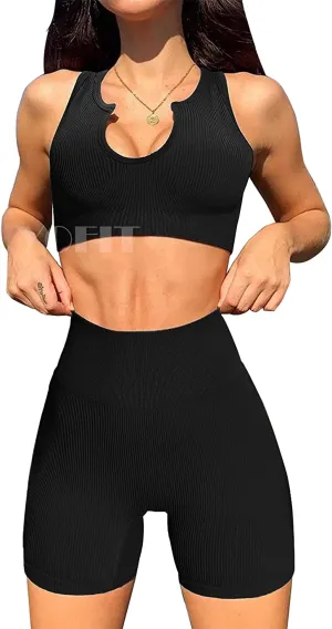 YOFIT Women's Workout Outfit 2 Pieces Seamless High Waist Yoga Leggings with Long Sleeve Crop Top Gym Clothes Set