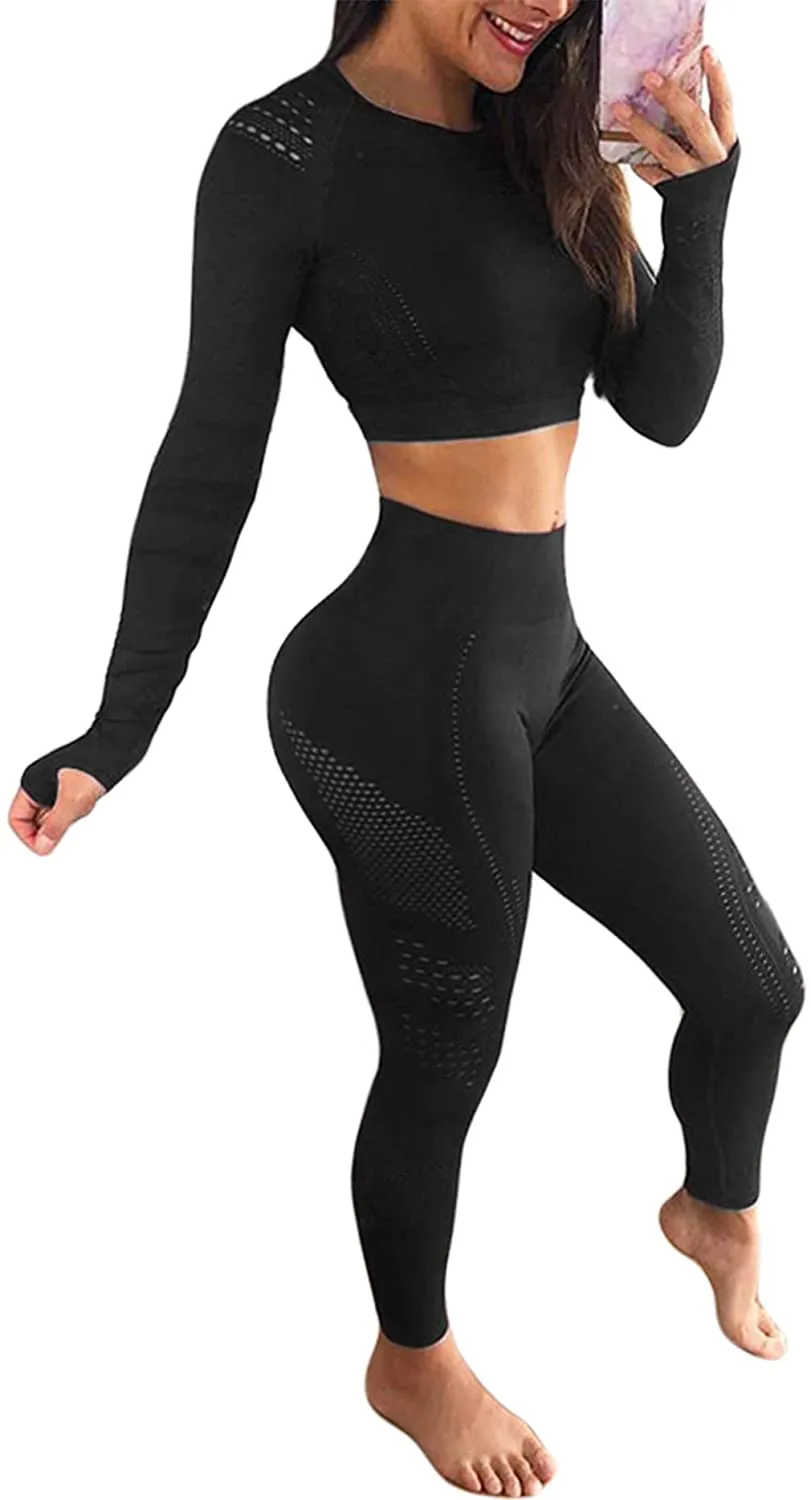 YOFIT Women's Workout Outfit 2 Pieces Seamless High Waist Yoga Leggings with Long Sleeve Crop Top Gym Clothes Set