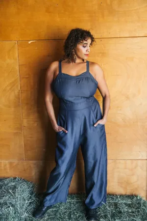 Yolked Juniper Jumpsuit in Denim Tencel Trendy Layering Minimalist Design