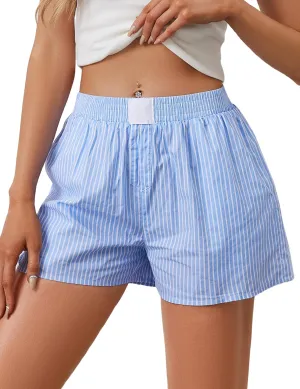 Ythomm Womens Lounge Shorts Y2k Striped Print Elastic Waist Pajama Shorts Cute Boxers Bottoms With Pockets Comfy Sleepwear