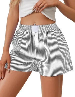 Ythomm Womens Lounge Shorts Y2k Striped Print Elastic Waist Pajama Shorts Cute Boxers Bottoms With Pockets Comfy Sleepwear