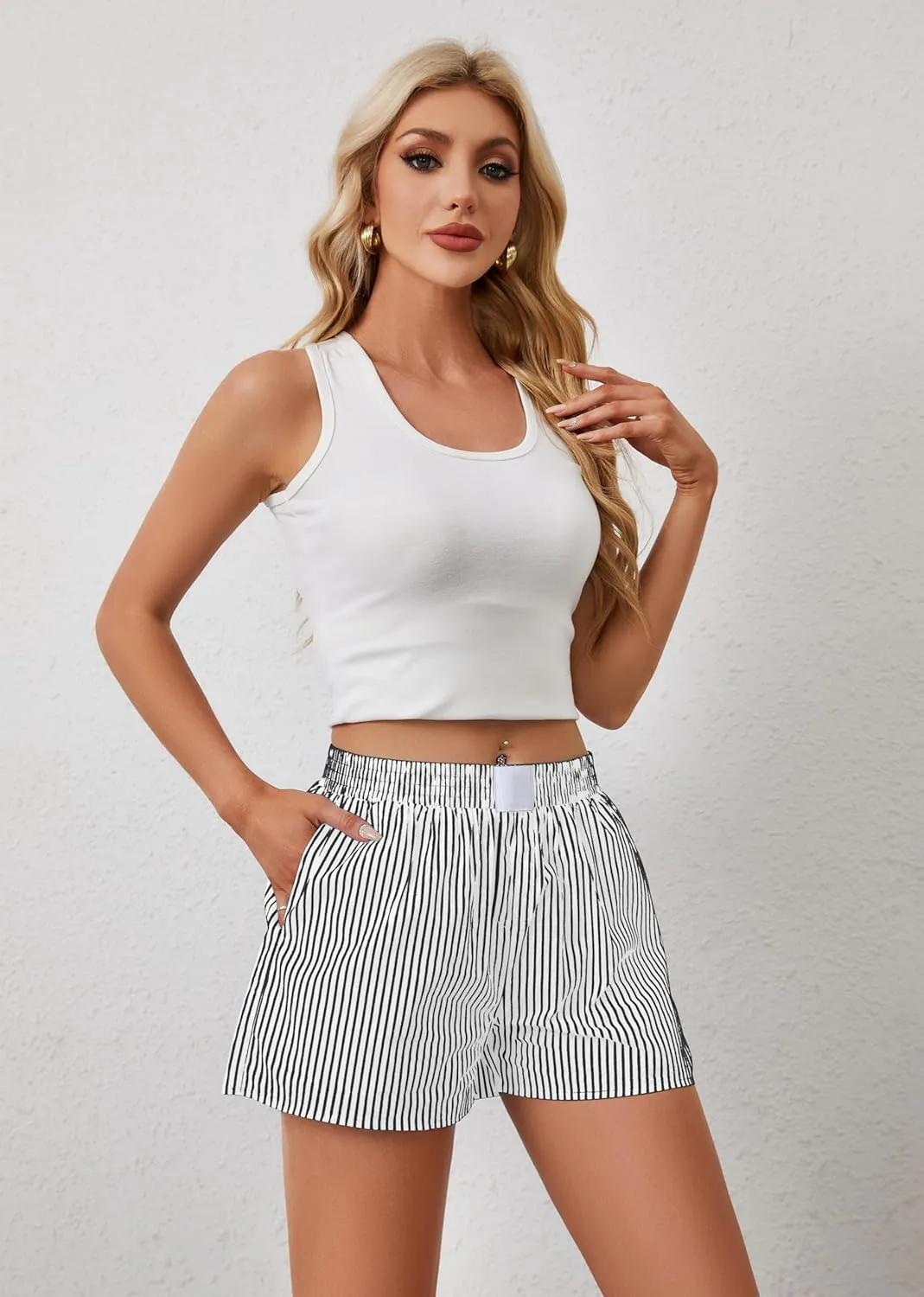 Ythomm Womens Lounge Shorts Y2k Striped Print Elastic Waist Pajama Shorts Cute Boxers Bottoms With Pockets Comfy Sleepwear