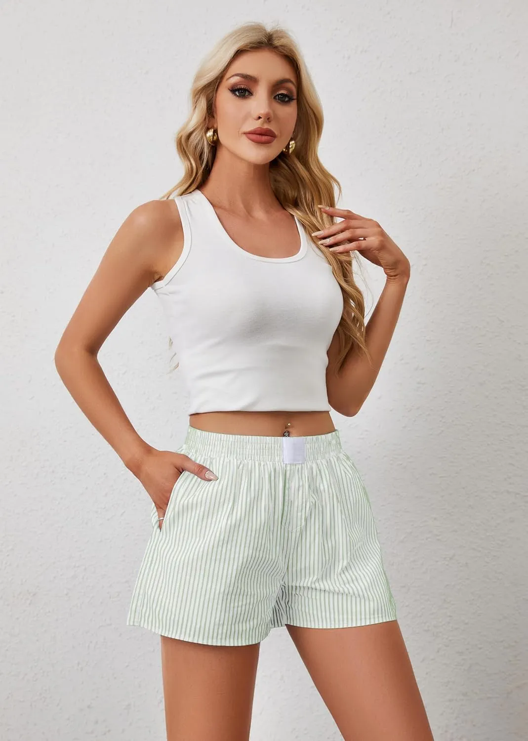 Ythomm Womens Lounge Shorts Y2k Striped Print Elastic Waist Pajama Shorts Cute Boxers Bottoms With Pockets Comfy Sleepwear