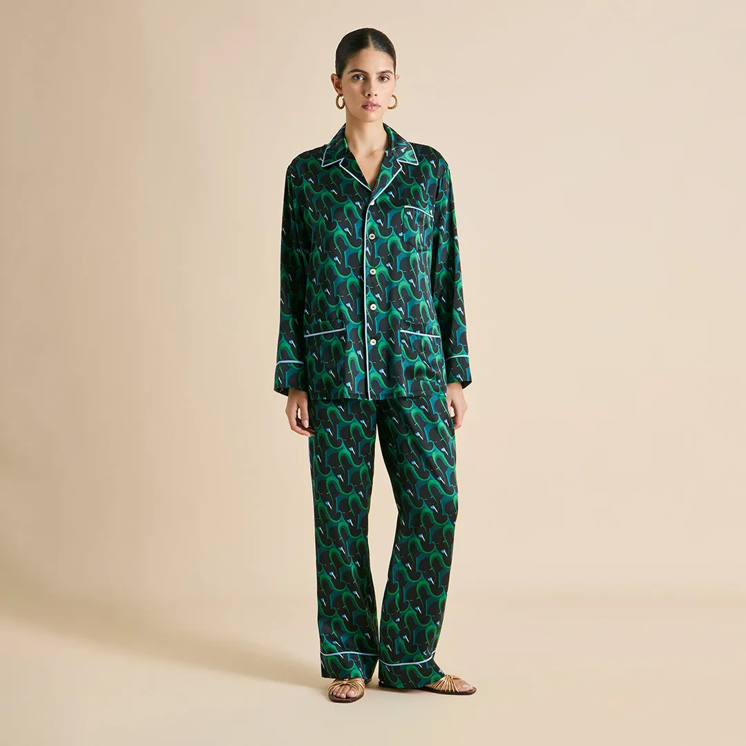 Yves Colette Green Figure Pajamas in Silk Satin