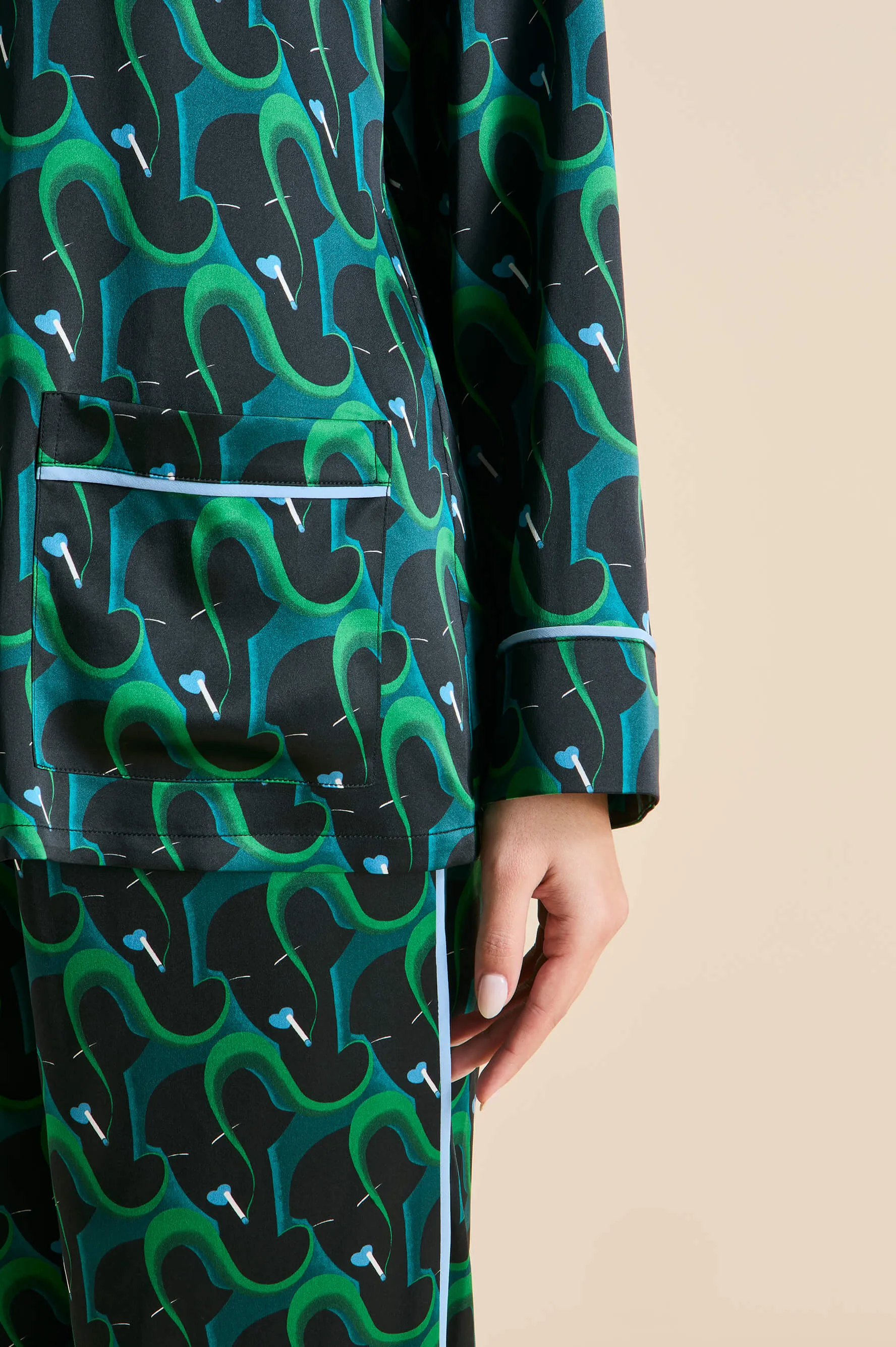 Yves Colette Green Figure Pajamas in Silk Satin