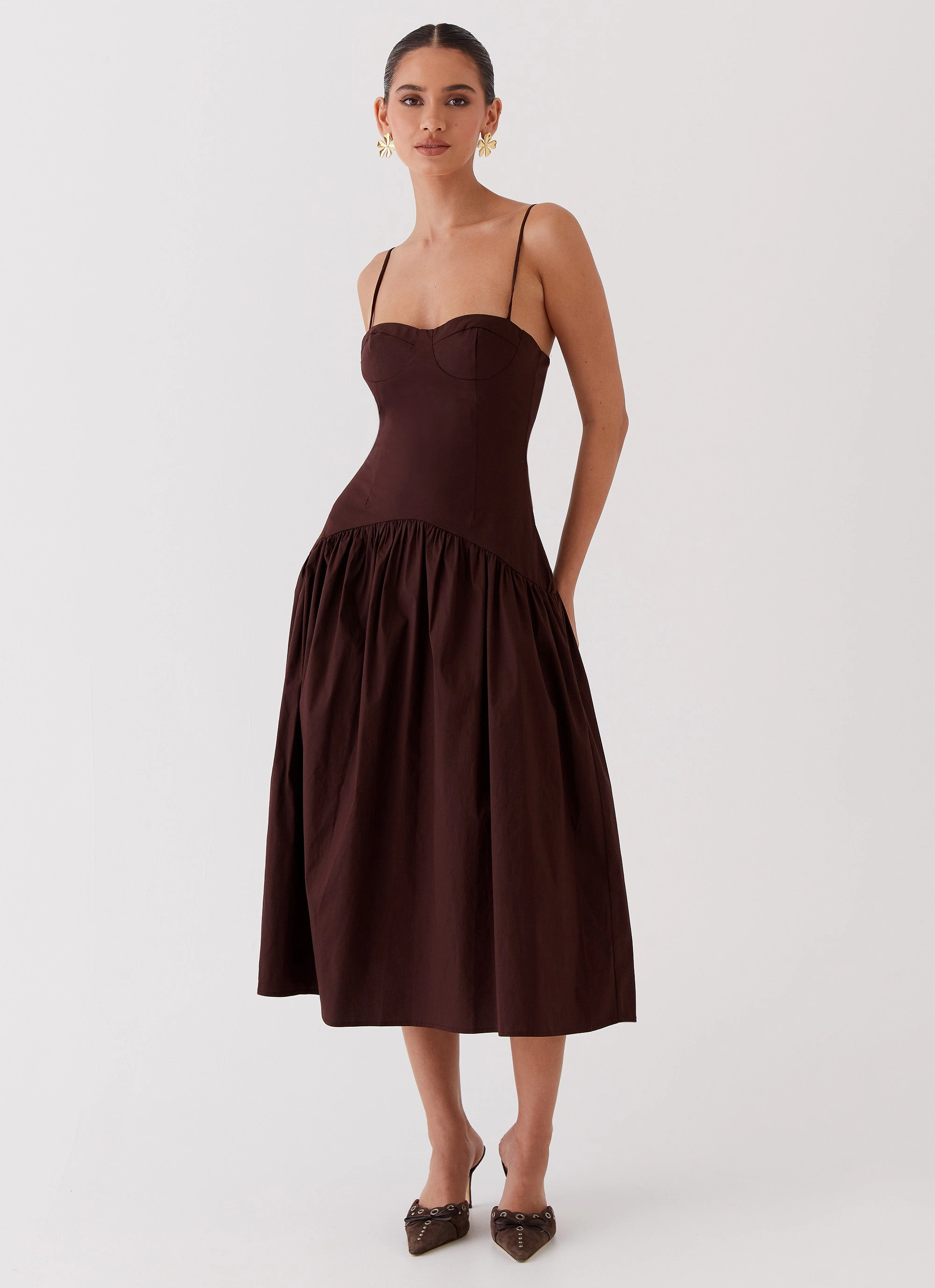 Minimalist Waist Yvette Corset Midi Dress - Chocolate