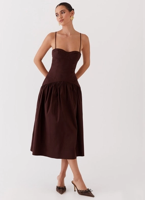Yvette Corset Midi Dress - Chocolate Drapey Fabric