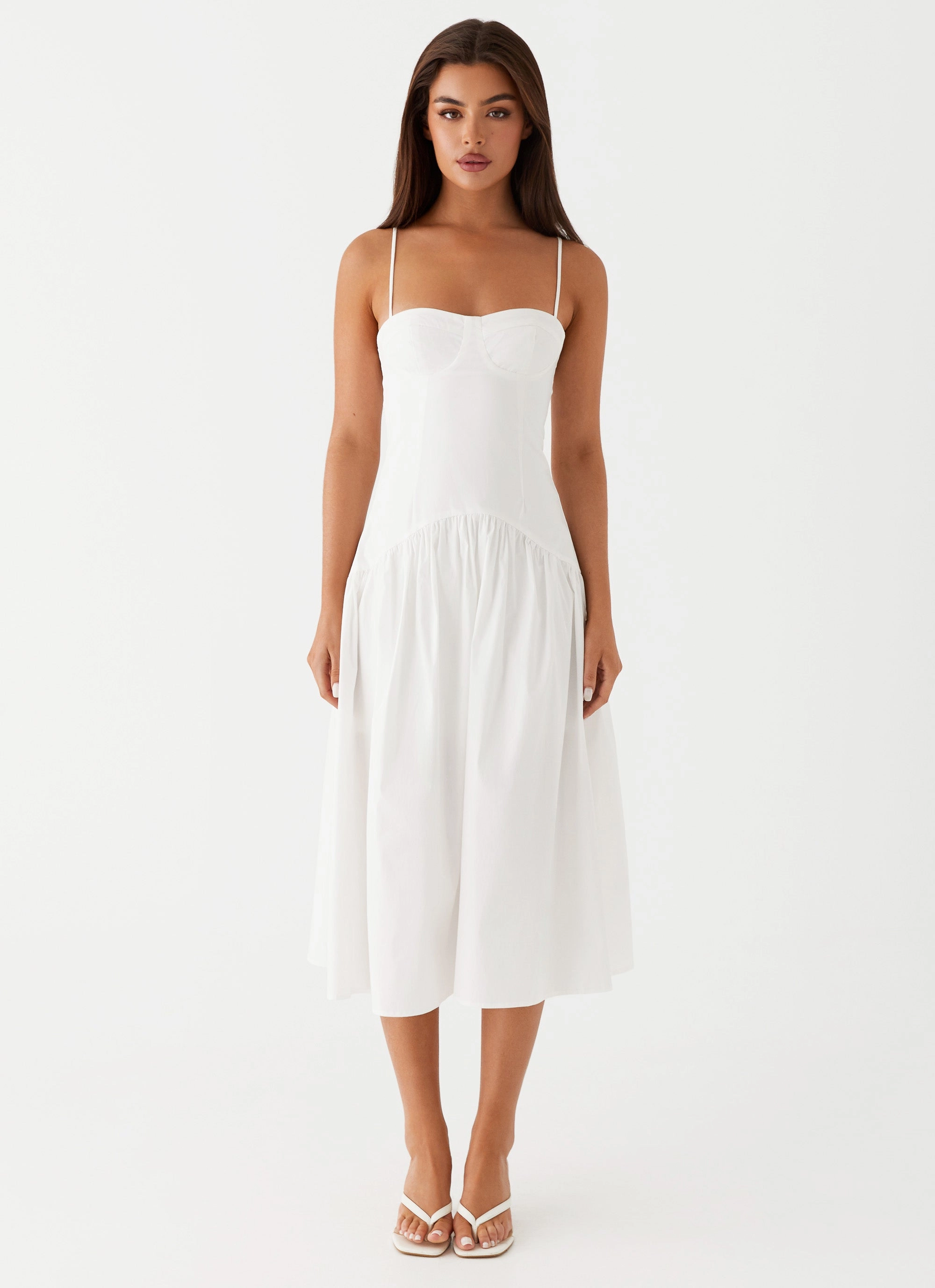 Yvette Corset Midi Dress - White Soft Volume Skirt Flare
