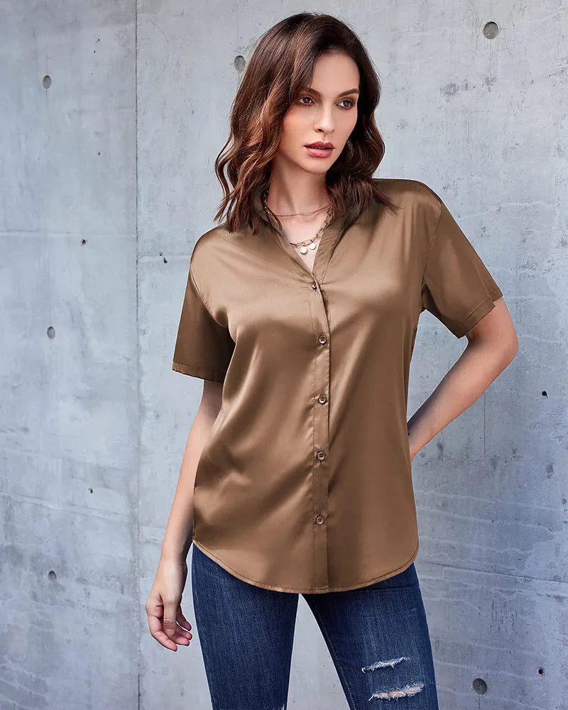Zeagoo Women Satin Shirt V-Neck Short Sleeve Button Down Shirt Casual Loose Office Silk Tops  (Us Only)