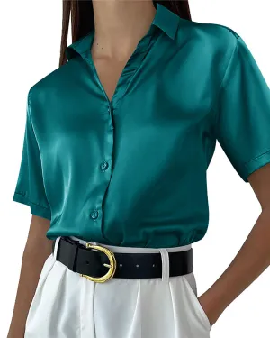 Zeagoo Women Satin Shirt V-Neck Short Sleeve Button Down Shirt Casual Loose Office Silk Tops  (Us Only)