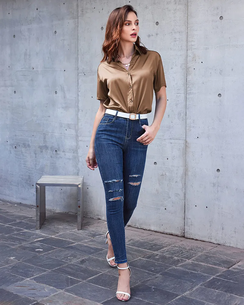 Zeagoo Women Satin Shirt V-Neck Short Sleeve Button Down Shirt Casual Loose Office Silk Tops  (Us Only)