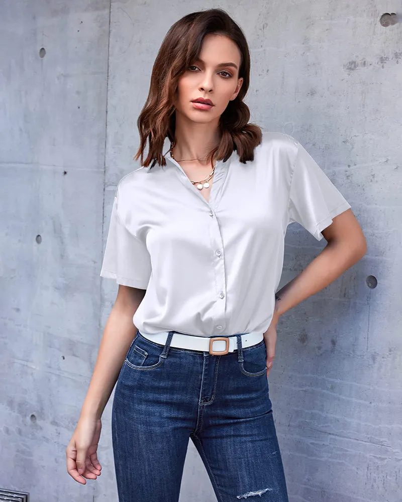 Zeagoo Women Satin Shirt V-Neck Short Sleeve Button Down Shirt Casual Loose Office Silk Tops  (Us Only)