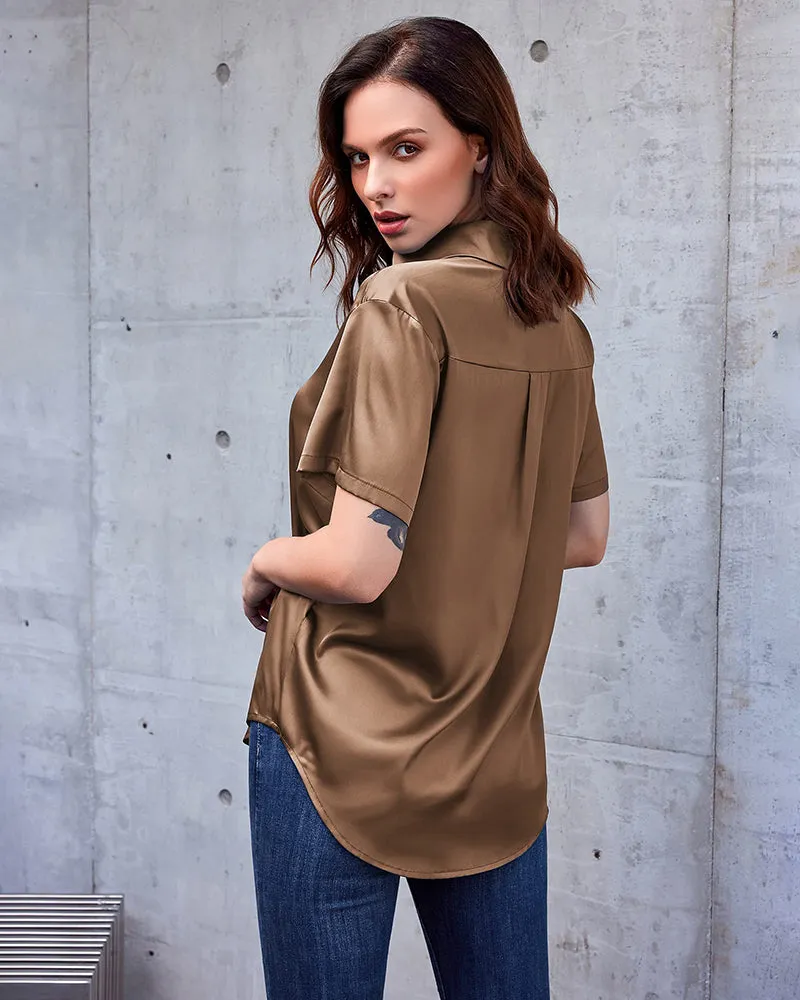 Zeagoo Women Satin Shirt V-Neck Short Sleeve Button Down Shirt Casual Loose Office Silk Tops  (Us Only)