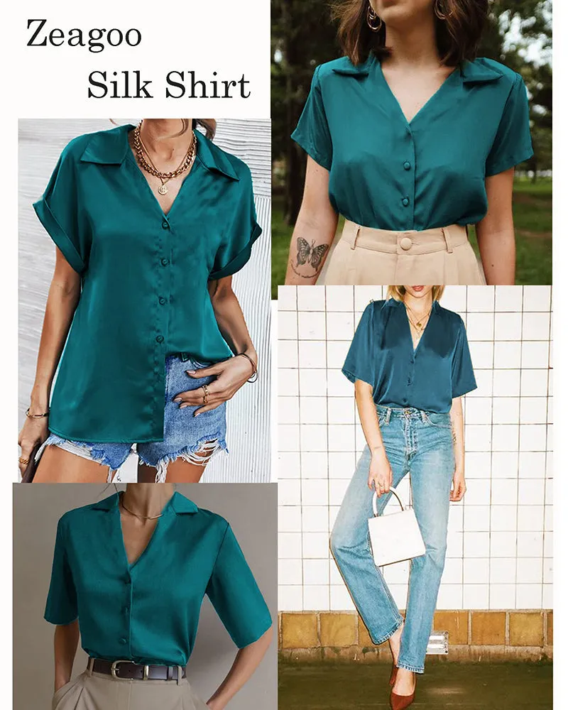 Zeagoo Women Satin Shirt V-Neck Short Sleeve Button Down Shirt Casual Loose Office Silk Tops  (Us Only)