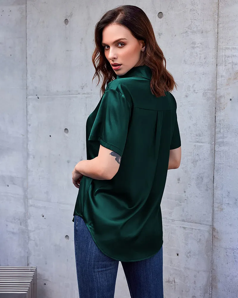 Zeagoo Women Satin Shirt V-Neck Short Sleeve Button Down Shirt Casual Loose Office Silk Tops  (Us Only)