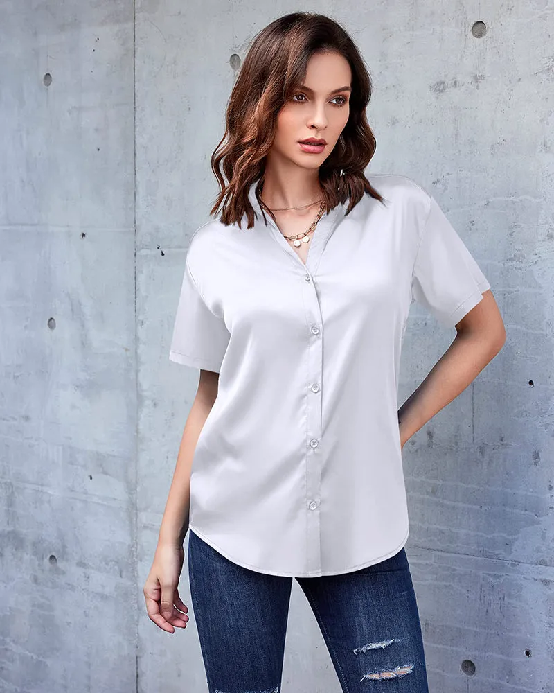 Zeagoo Women Satin Shirt V-Neck Short Sleeve Button Down Shirt Casual Loose Office Silk Tops  (Us Only)