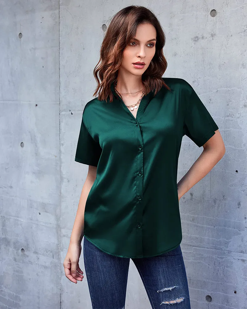 Zeagoo Women Satin Shirt V-Neck Short Sleeve Button Down Shirt Casual Loose Office Silk Tops  (Us Only)