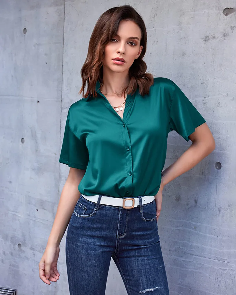 Zeagoo Women Satin Shirt V-Neck Short Sleeve Button Down Shirt Casual Loose Office Silk Tops  (Us Only)