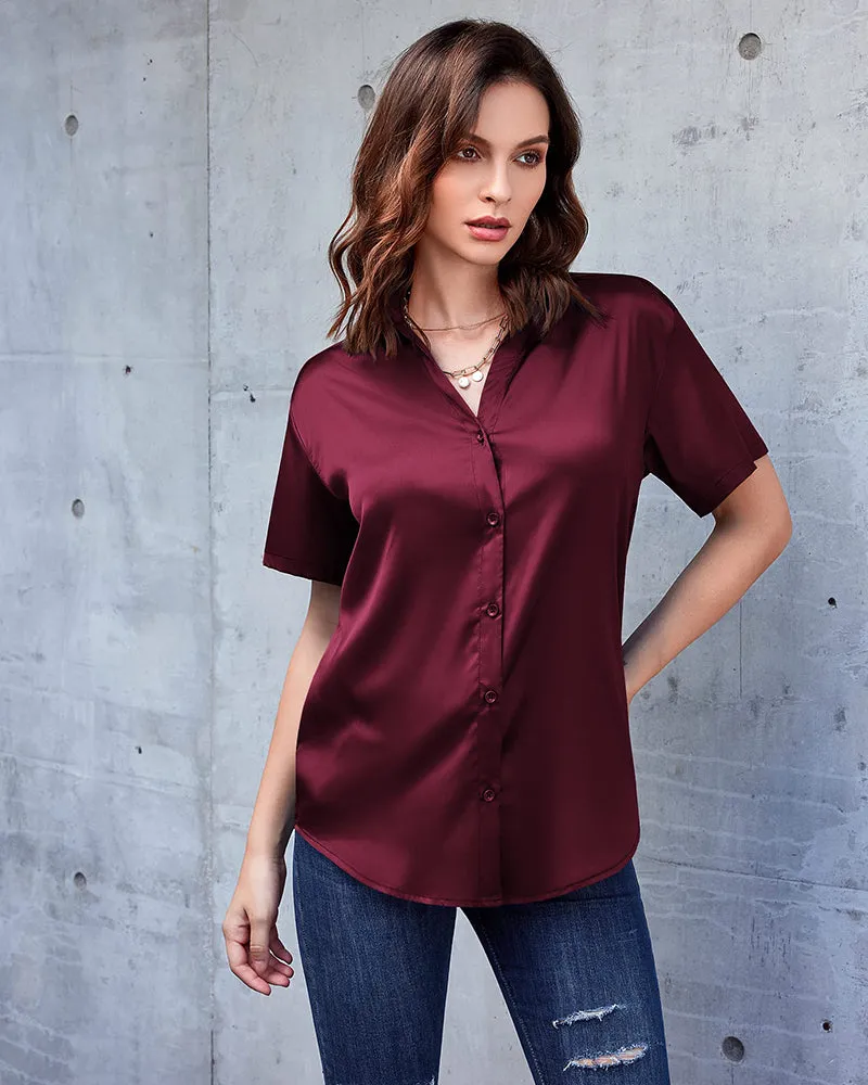Zeagoo Women Satin Shirt V-Neck Short Sleeve Button Down Shirt Casual Loose Office Silk Tops  (Us Only)