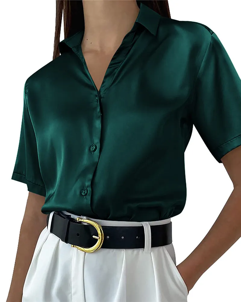 Zeagoo Women Satin Shirt V-Neck Short Sleeve Button Down Shirt Casual Loose Office Silk Tops  (Us Only)