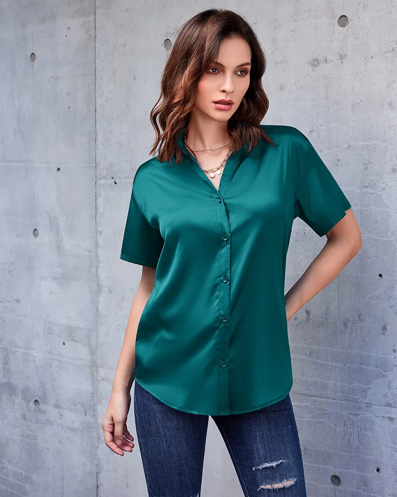 Zeagoo Women Satin Shirt V-Neck Short Sleeve Button Down Shirt Casual Loose Office Silk Tops  (Us Only)