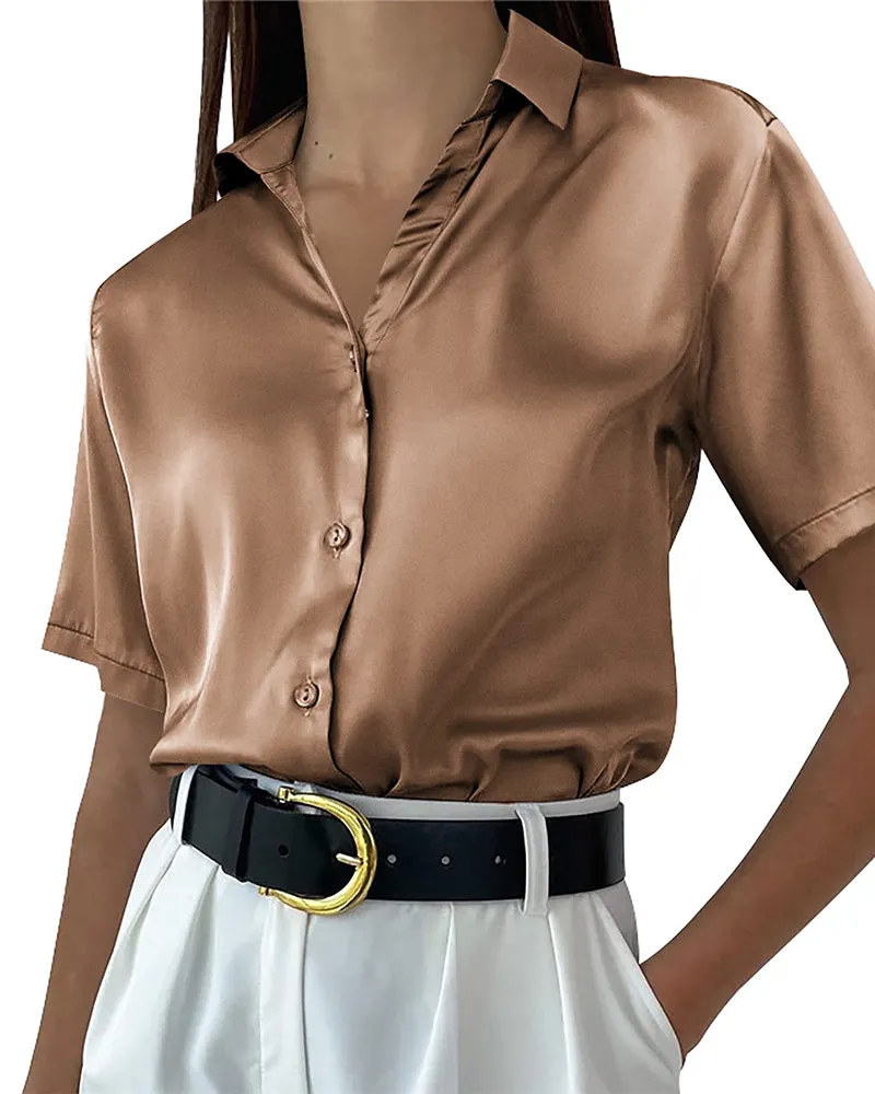 Zeagoo Women Satin Shirt V-Neck Short Sleeve Button Down Shirt Casual Loose Office Silk Tops  (Us Only)