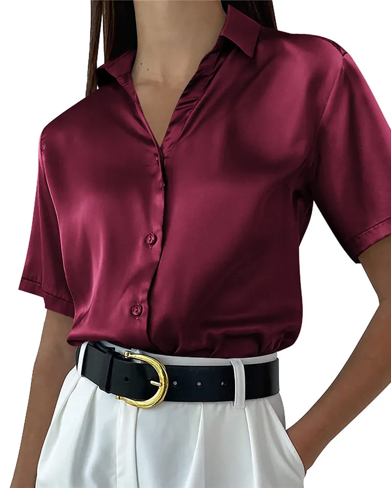 Zeagoo Women Satin Shirt V-Neck Short Sleeve Button Down Shirt Casual Loose Office Silk Tops  (Us Only)