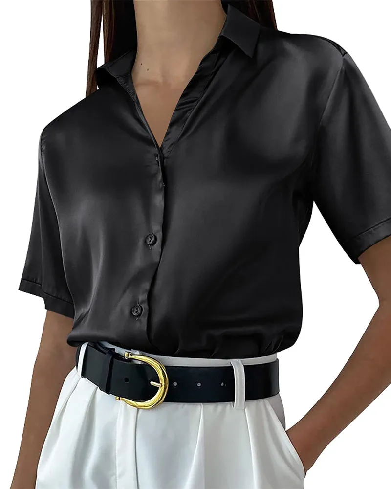 Zeagoo Women Satin Shirt V-Neck Short Sleeve Button Down Shirt Casual Loose Office Silk Tops  (Us Only)