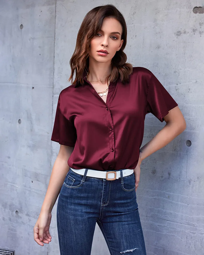 Zeagoo Women Satin Shirt V-Neck Short Sleeve Button Down Shirt Casual Loose Office Silk Tops  (Us Only)