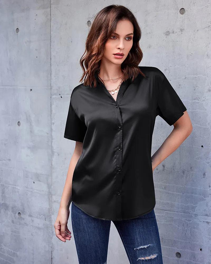 Zeagoo Women Satin Shirt V-Neck Short Sleeve Button Down Shirt Casual Loose Office Silk Tops  (Us Only)