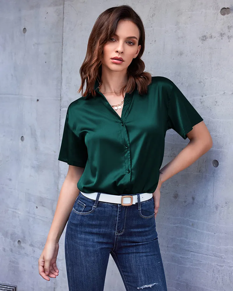 Zeagoo Women Satin Shirt V-Neck Short Sleeve Button Down Shirt Casual Loose Office Silk Tops  (Us Only)