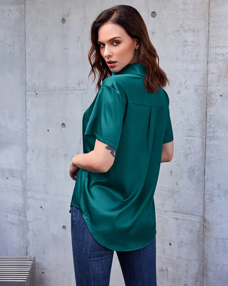 Zeagoo Women Satin Shirt V-Neck Short Sleeve Button Down Shirt Casual Loose Office Silk Tops  (Us Only)