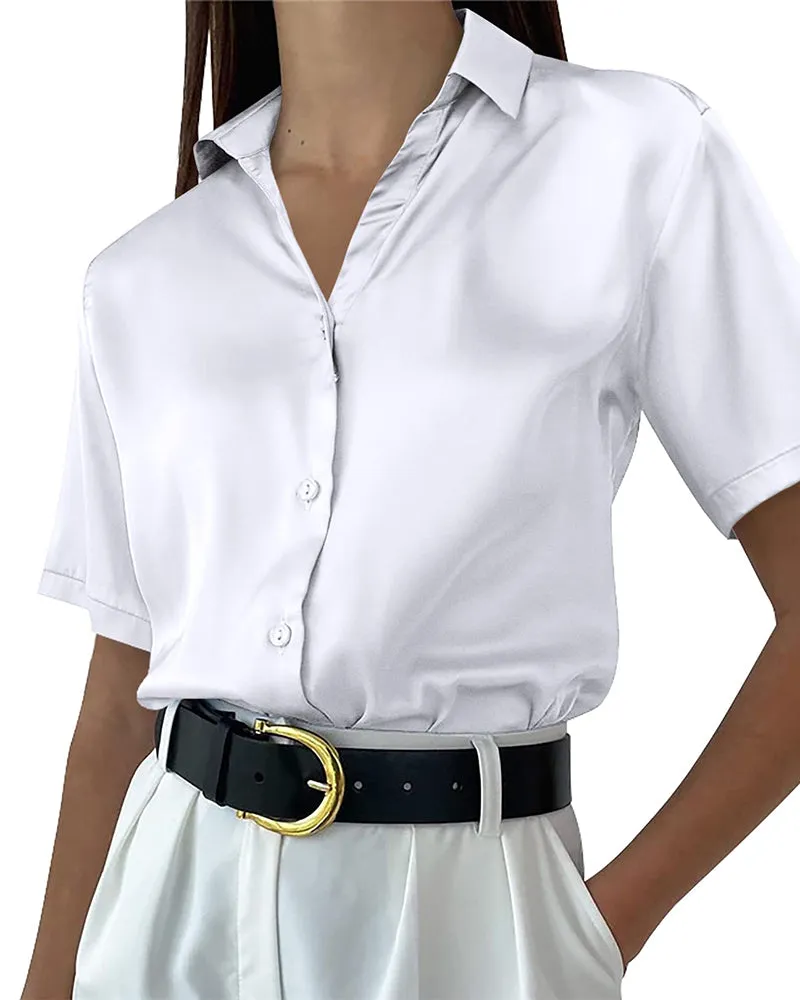 Zeagoo Women Satin Shirt V-Neck Short Sleeve Button Down Shirt Casual Loose Office Silk Tops  (Us Only)