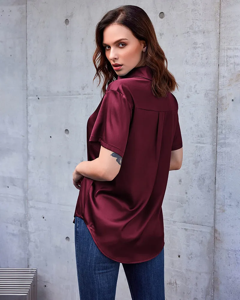Zeagoo Women Satin Shirt V-Neck Short Sleeve Button Down Shirt Casual Loose Office Silk Tops  (Us Only)