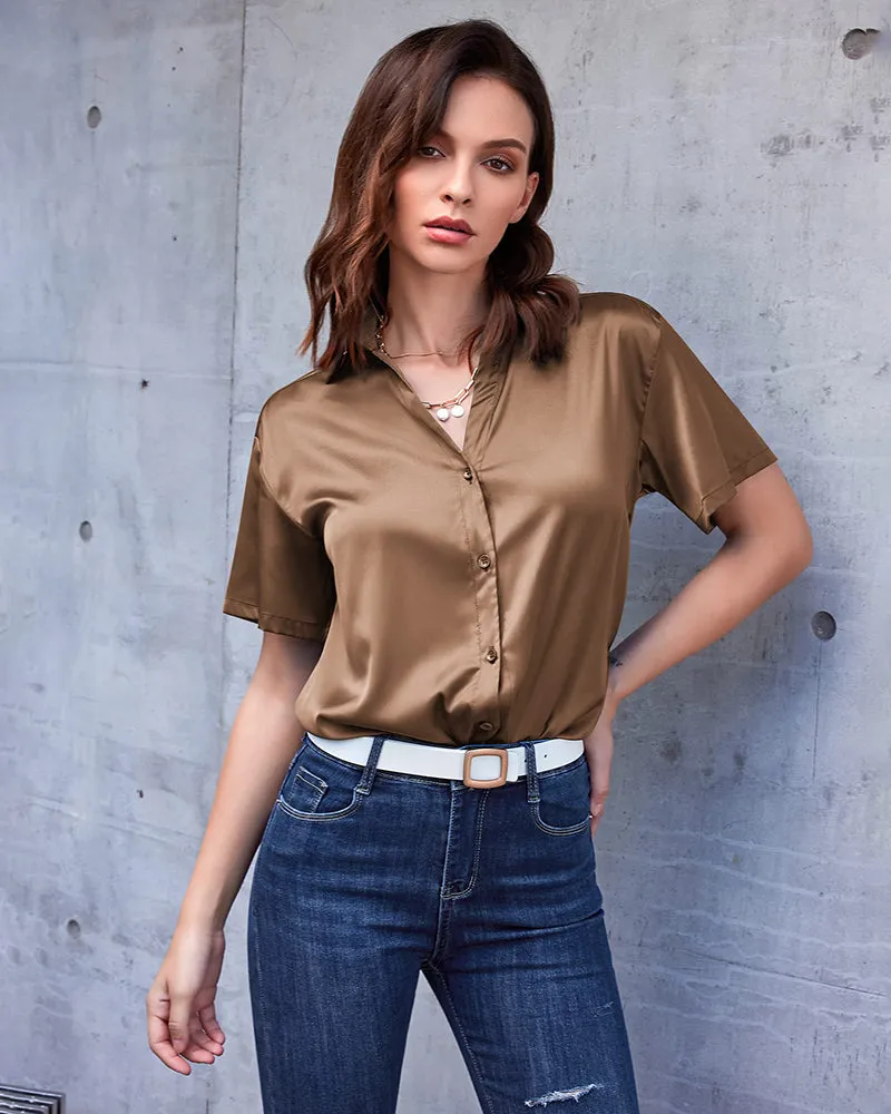 Zeagoo Women Satin Shirt V-Neck Short Sleeve Button Down Shirt Casual Loose Office Silk Tops  (Us Only)