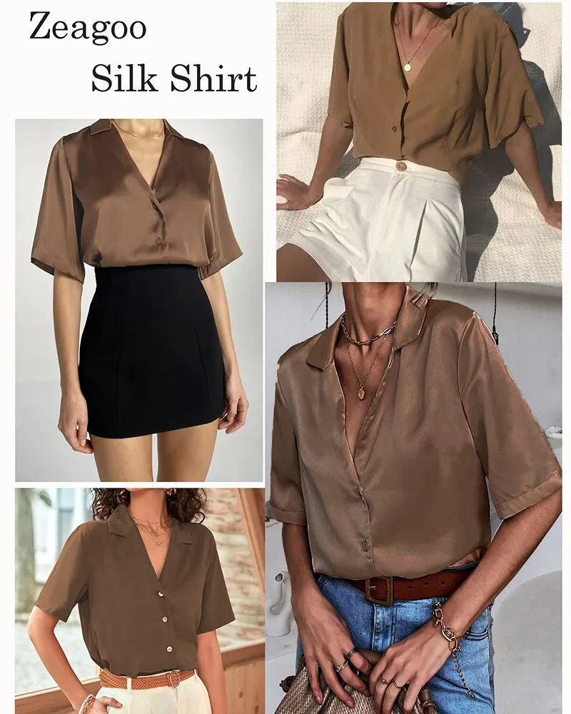 Zeagoo Women Satin Shirt V-Neck Short Sleeve Button Down Shirt Casual Loose Office Silk Tops  (Us Only)