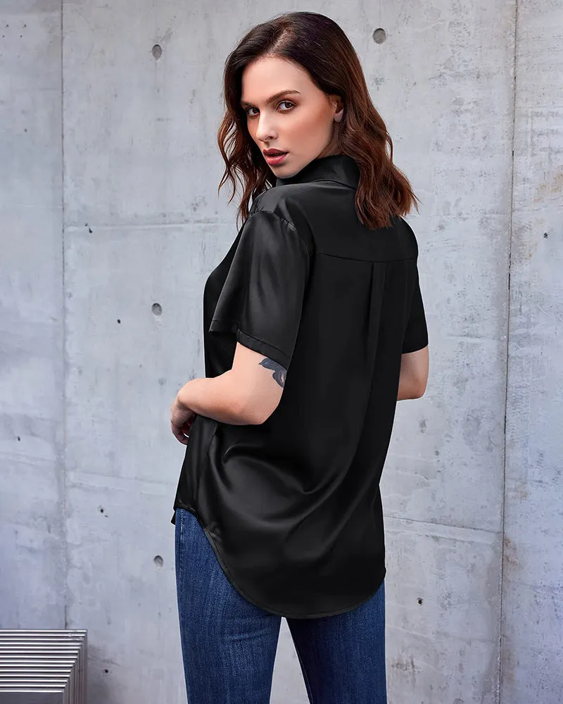 Zeagoo Women Satin Shirt V-Neck Short Sleeve Button Down Shirt Casual Loose Office Silk Tops  (Us Only)