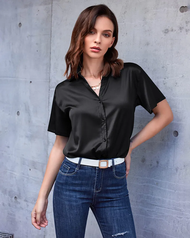 Zeagoo Women Satin Shirt V-Neck Short Sleeve Button Down Shirt Casual Loose Office Silk Tops  (Us Only)