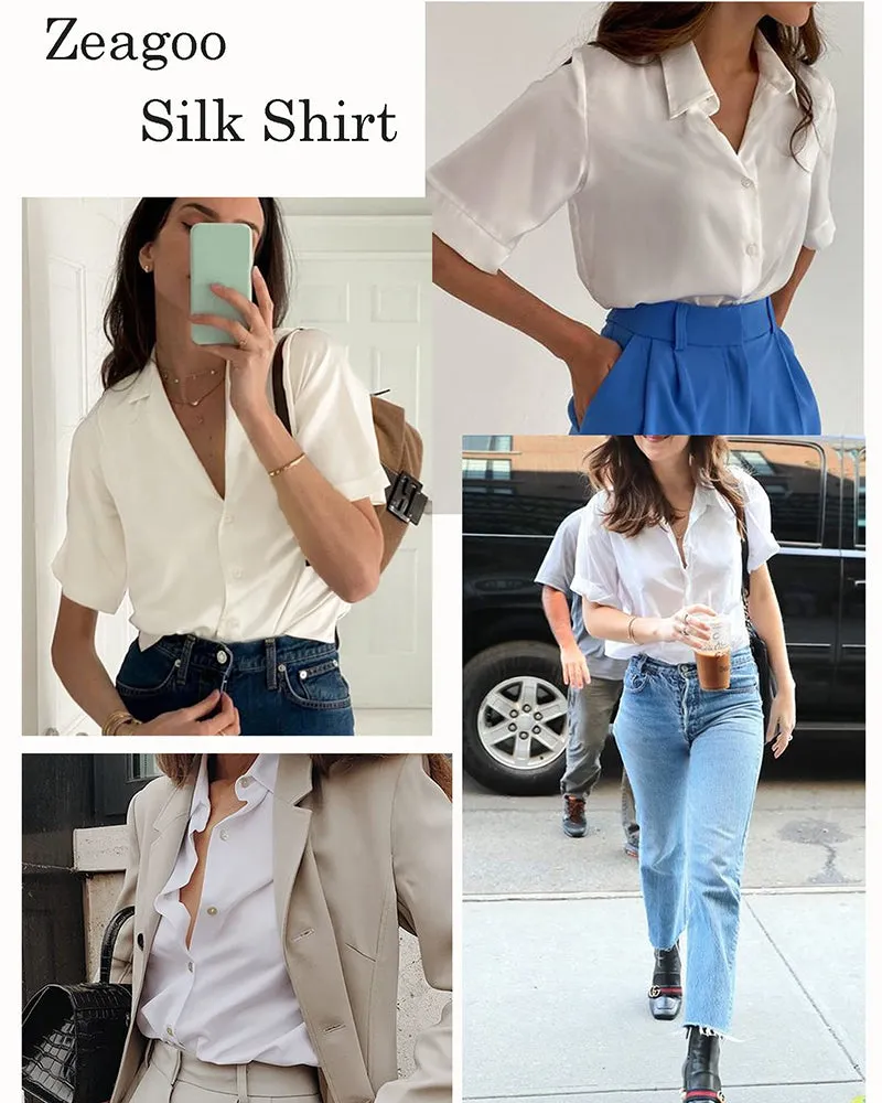 Zeagoo Women Satin Shirt V-Neck Short Sleeve Button Down Shirt Casual Loose Office Silk Tops  (Us Only)