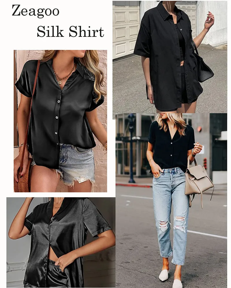 Zeagoo Women Satin Shirt V-Neck Short Sleeve Button Down Shirt Casual Loose Office Silk Tops  (Us Only)