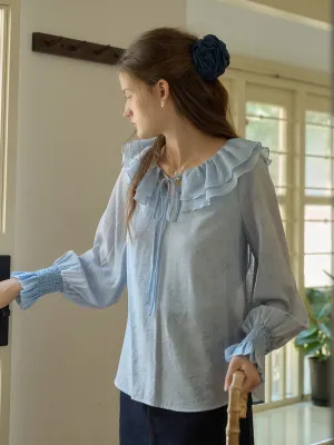 Kelsey Bamboo Leaf Printed Double-layer Ruffle Collar Tie-Up Lantern Sleeve Trim Blouse (with Lined Top) - Blue Zero Waste Cut Pattern