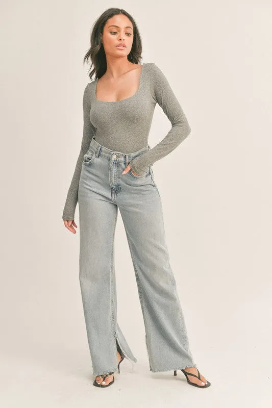 Relaxed Look Long Sleeve Seamless Bodysuit - Grey