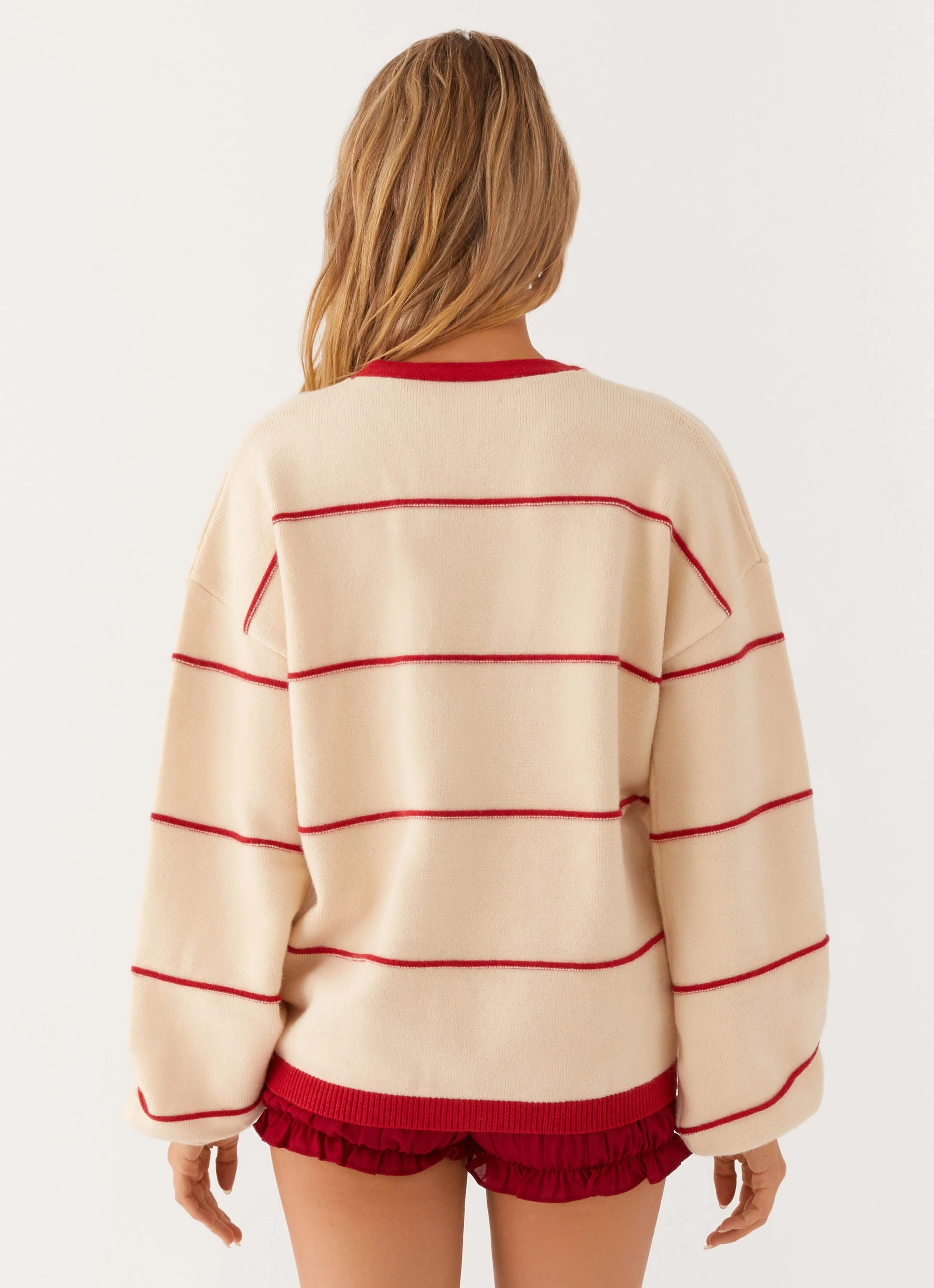 Estella Knit Cardigan - Ivory And Red Stripe Recycled Material Construction