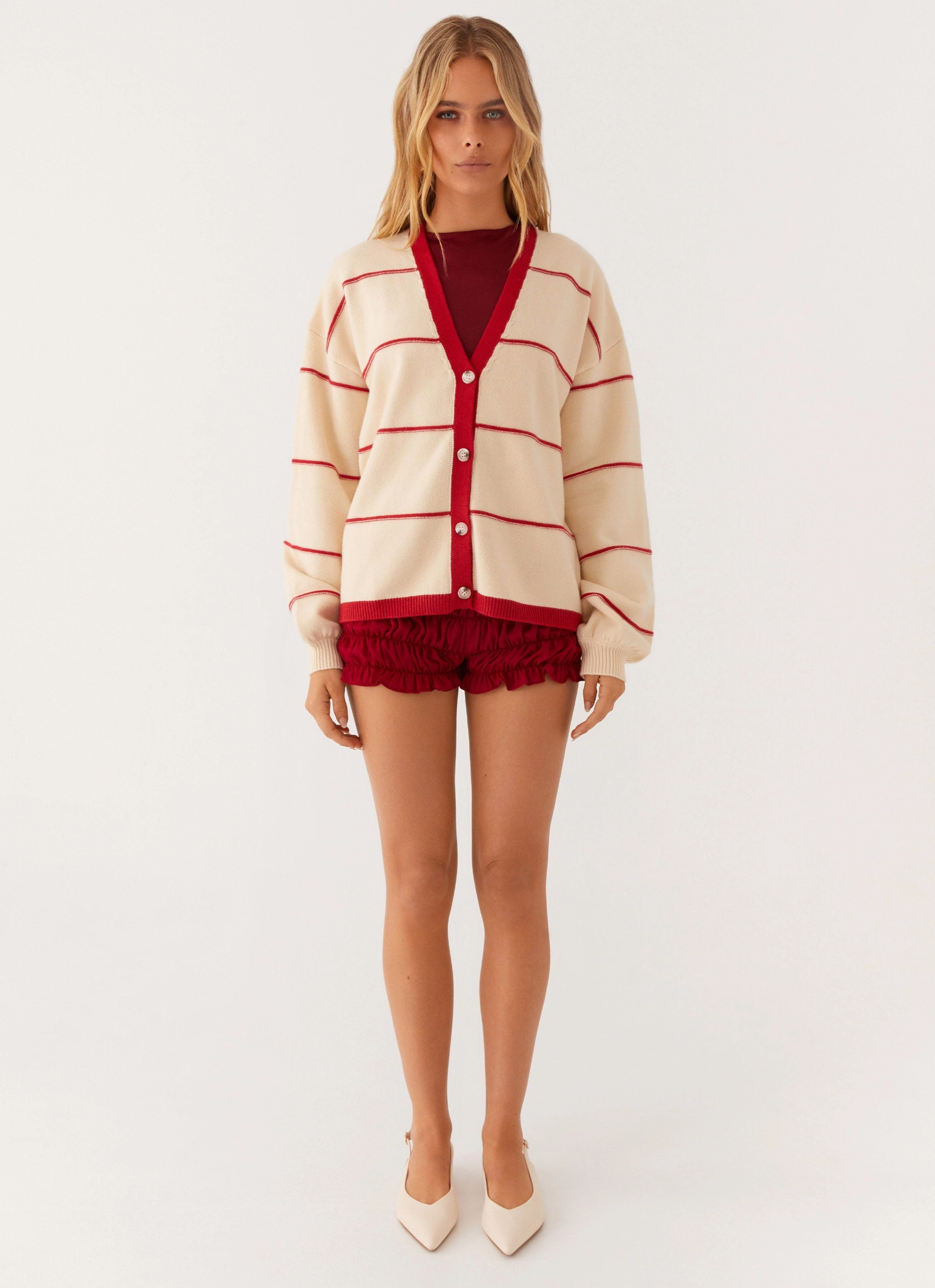 ReinforcedStressPoints Relaxed Fit Structure Estella Knit Cardigan - Ivory And Red Stripe